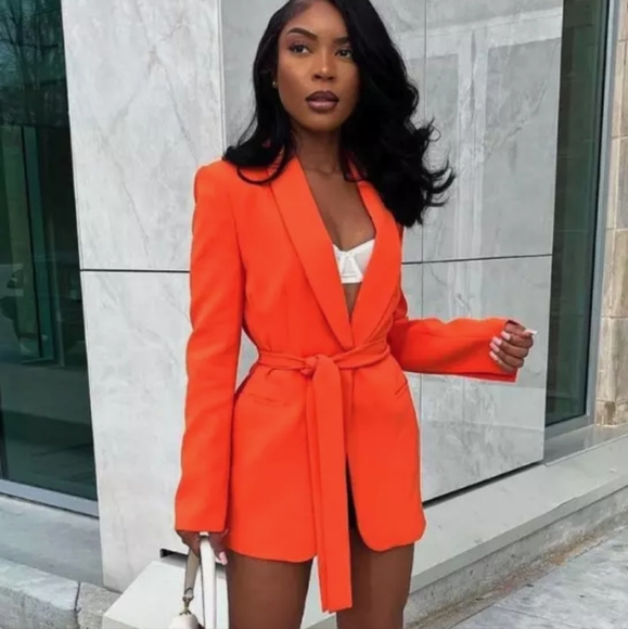 ZARA WOMEN NEW BELTED TUXEDO COLLAR BLAZER JACKET ORANGE - Picture 2 of 6